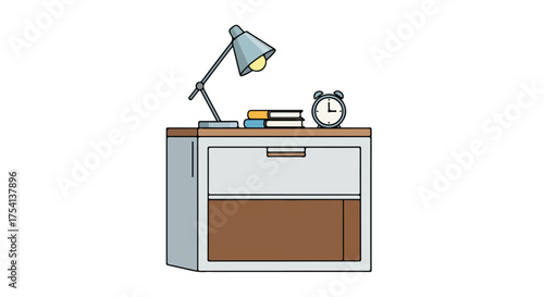 Stylized nightstand with lamp clock and books depicting a tranquil bedtime scene ideal for cozy interior themes and design aesthetics