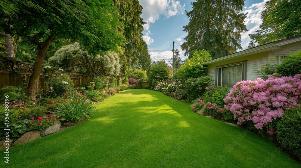 Obraz premium Gorgeous private backyard landscaping including a lively garden and a lush, green lawn