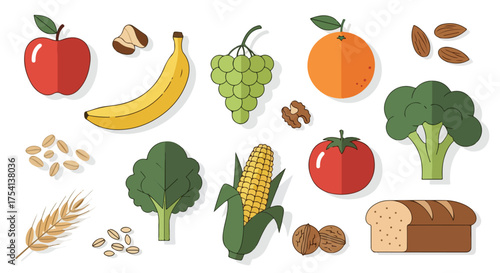 Artistic display of colorful fruits vegetables and grains representing a healthy diet and lifestyle choices emphasizing fresh natural foods