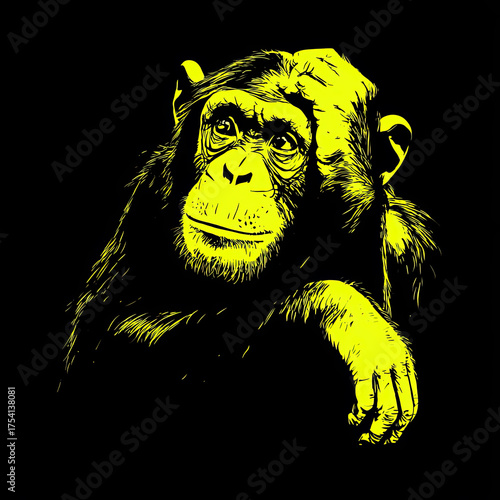 Vibrant neon green gorilla silhouette posing thoughtfully in dark background.