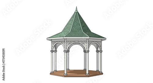 Stylized architectural drawing of a decorative gazebo structure, emphasizing clean lines and geometric roof detail with shades of green and white