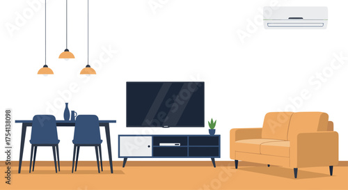 A cozy living room dining area with modern furniture and decor.