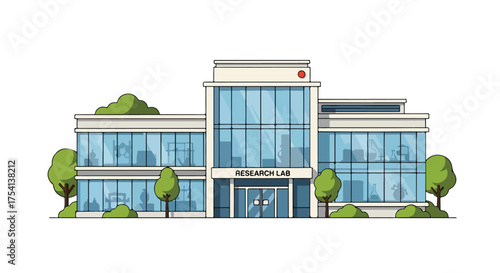 Stylized vector illustration of a modern research laboratory building with glass facade and green landscaping that conveys cutting edge science and