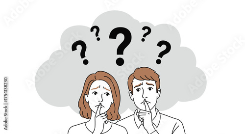Two people looking confused and thoughtful with question marks above their heads.