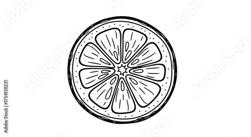 Black and white drawing of a fresh citrus fruit slice.