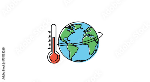A thermometer shows a high temperature next to a rotating globe representing climate change.