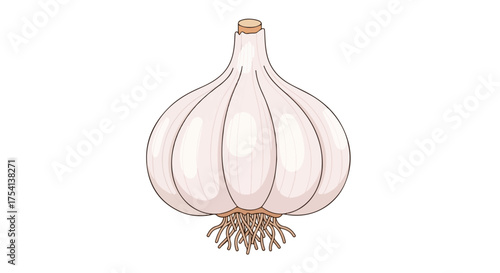 Garlic bulb illustration showcasing its segmented structure and root system over a white background that highlights the plant's clean, minimalistic