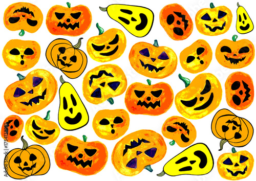 Set of Jack o lantern pumpkins. Stylized illustration. Randomly placed on white background. Different shapes with different faces. Orange, yellow, black, purple colors. Watercolors, computer graphics.