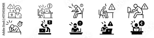 Office Work Stress and Employee Fatigue Outline Icons, Set of work stress, office problem, burnout icons, employee frustration, warning, and workplace issue symbols outline and filled vector styles