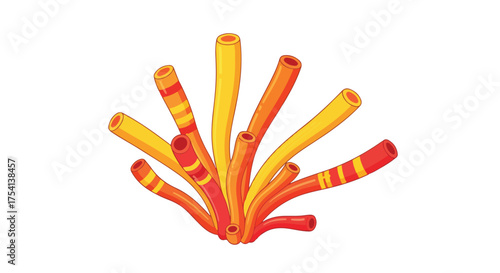 Stylized undersea colony tubes with circular openings creating a vibrant cluster on a white surface demonstrating complex shapes and colors