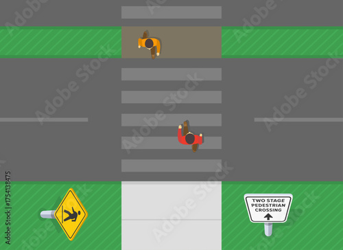 Traffic regulation rules and tips. Top view of pedestrians crossing the road on two stage crosswalk. Pedestrian crossing with central island. Flat vector illustration template.