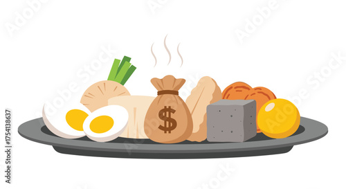 A steaming plate of oden with a money bag at the center.