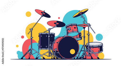 A colorful drum kit with abstract shapes in the background.