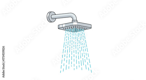 Modern square shower head fixture releasing streams of water against a clean white backdrop bringing to mind concepts of cleansing and hygiene