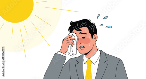 A man sweating profusely under the harsh sun as heat wave intensifies across the region.