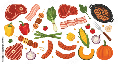 A vibrant collection of grilled meats and fresh vegetables for a summer feast.