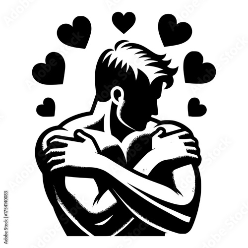 Man hugging himself with black hearts on background. Self love and self care. Black vector icon with transparent background 