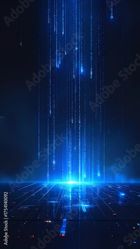 Glowing blue light beams down onto a reflective, grid-patterned surface from a dark sky, with digital rain