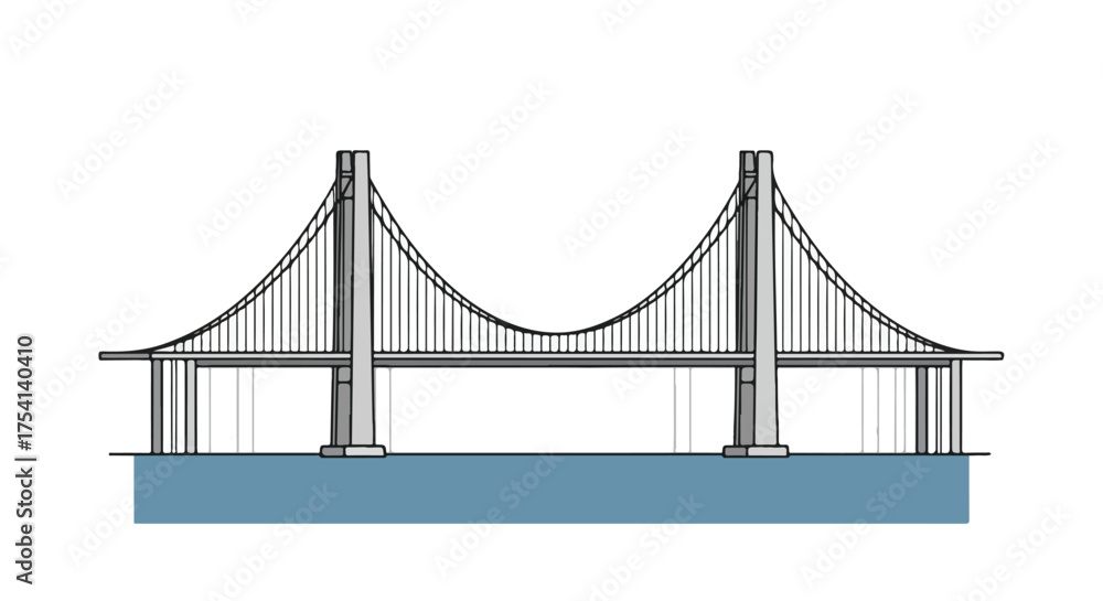 Fototapeta premium Graphical representation of a suspension bridge with tower elements and cable design spanning across a water body