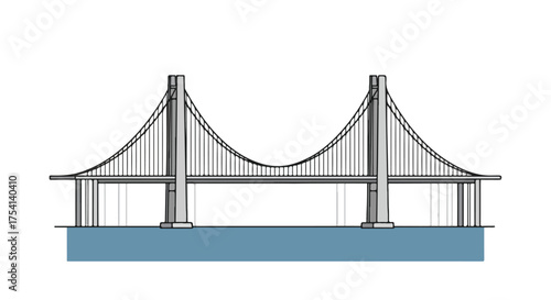 Graphical representation of a suspension bridge with tower elements and cable design spanning across a water body
