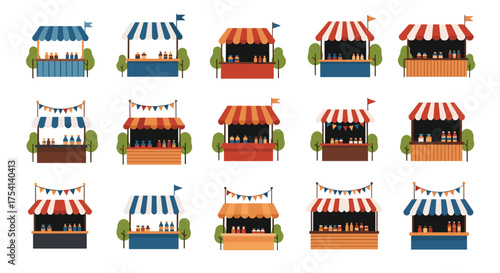 Illustration of various colorful market stalls with trees and banners.
