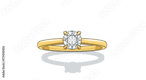 Illustration of a timeless solitaire diamond engagement ring in gold with its subtle shadow projecting simplicity and elegance presented on a white