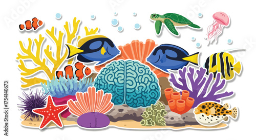 Conceptual marine biology illustration showcasing aquatic life and human brain anatomy in a cartoon style