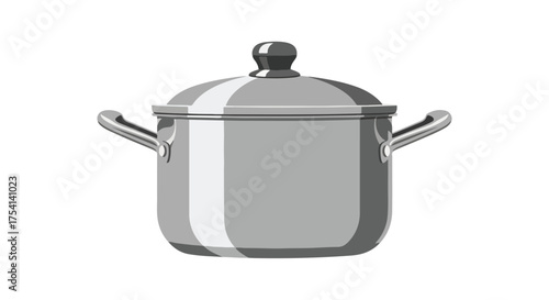 Detailed illustration showcases a covered stainless steel cooking pot against a plain white background showcasing design and utility