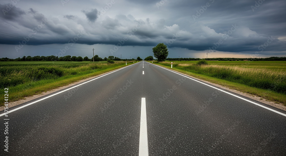 Fototapeta premium A straight, empty paved road leads to a threatening horizon of storm clouds, a dramatic landscape.