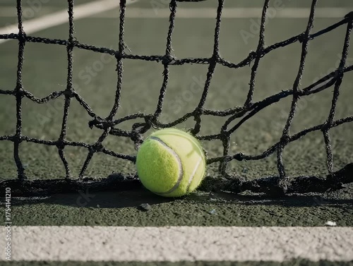 Wallpaper Mural Tennis ball nestled against net on the green court Torontodigital.ca