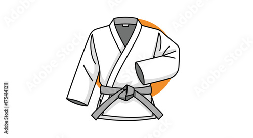 A white martial arts uniform with a grey belt is ready for training.