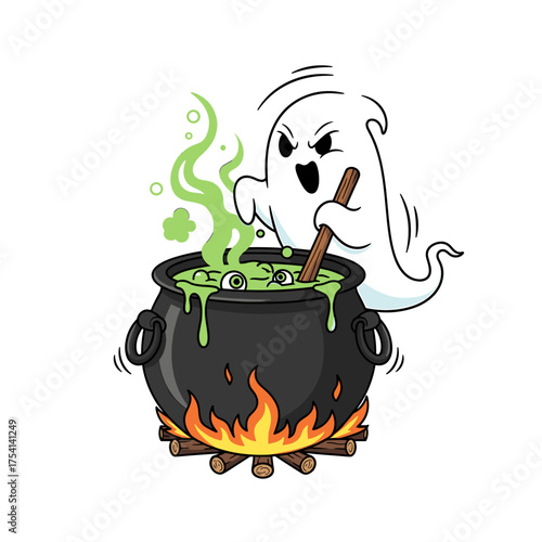Mischievous cartoon ghost stirring a bubbling green potion filled with creepy eyeballs in a Halloween cauldron over a fiery log pile