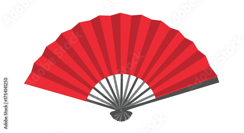 A vibrant red folding fan with many pleats opens widely.