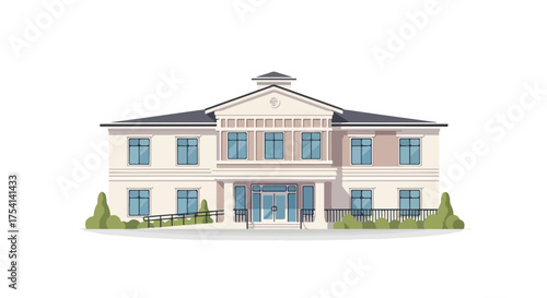 Elegant two-story building illustration with architectural details and landscaped garden conveying sophistication and suburban charm isolated for