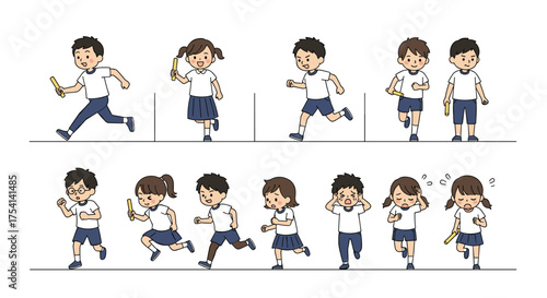 Children running in a race with various emotions shown.
