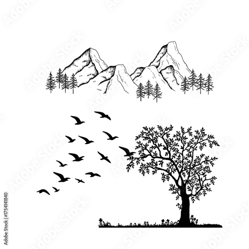 Black and white nature illustration featuring mountains, pine trees, flying birds, and a large tree. 

