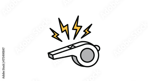An illustration of a whistle blowing loudly with yellow lightning bolts emanating from it.
