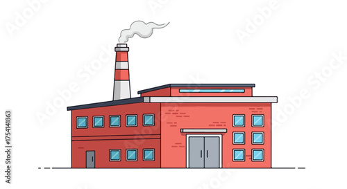 Stylized industrial building illustration showcasing factory architecture with smoke emissions from a prominent chimney showcasing environmental