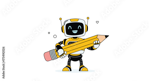 Cute robot holding a big pencil on a white background.