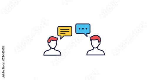 Two people talking with speech bubbles above their heads indicating conversation.