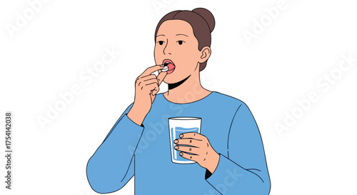 Woman taking medication with water depicts health, wellness, and preventative care routine displayed in a contemporary illustration style