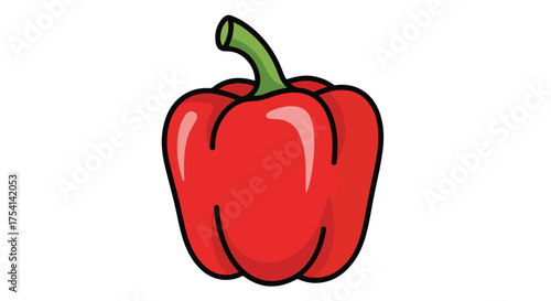 Isolated illustration of a vibrant, cartoon-style red bell pepper with a green stem on a white background offering a fresh, healthy appeal
