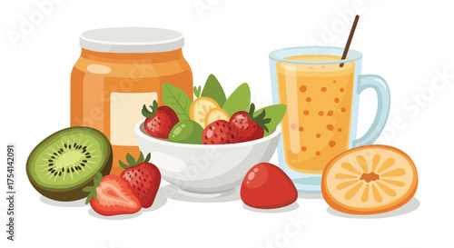 Vibrant fruit medley with refreshing smoothie and homemade jam for a wholesome start to the day