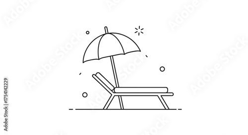 A simple black and white line drawing of a beach chair and umbrella on a sunny day.