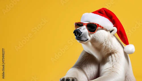 santa claus polar bear on a yellow background. polar bear in santa claus hat, wearing sunglasses.