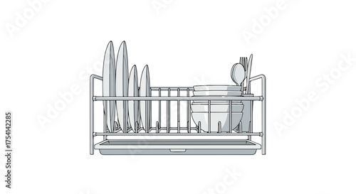 Dish Rack Illustration with Plates Bowls and Utensils Drying after Washing on White Background for Culinary Purposes