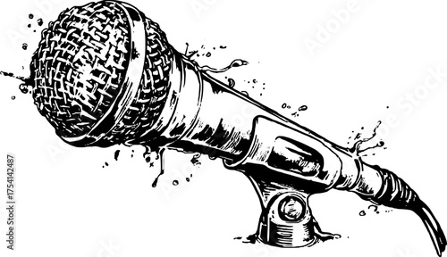Vintage microphone engraving illustration in detailed line drawing style. Black and white vector art set of audio equipment.