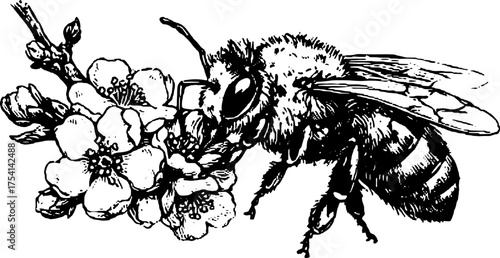 Vintage engraving of a bee on a flower, featuring detailed black and white line art. This botanical vector illustration captures the essence of nature.