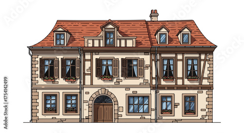 Detailed Illustration of a Two-Story European Style Building with Half-Timbered Walls and Dormer Windows, architectural details with a classic