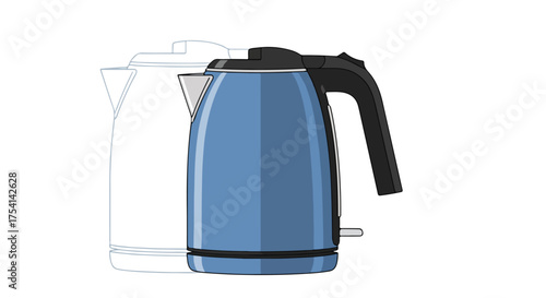 Illustrative depiction of a blue electric kettle with a transparent outline kettle behind it showing modern kitchen appliance